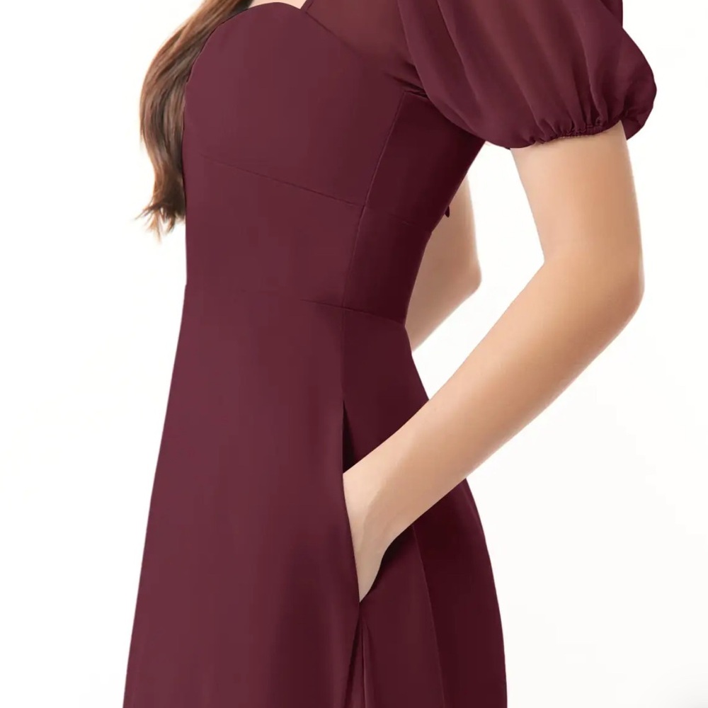 Azazie Baby Cabernet Midi Bridesmaid Dress Puff Sleeves Sweetheart Neck Size 6 - Picture 5 of 11